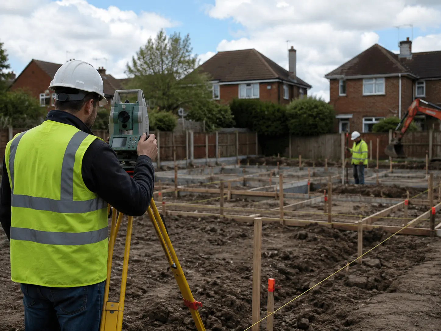 Setting out engineer surveying a residential construction site in Oxford.
