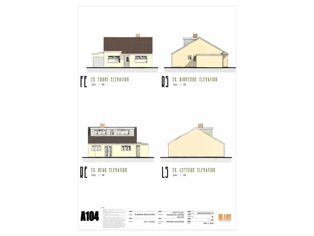 Existing front, rear and side elevations showing the property's original external form.