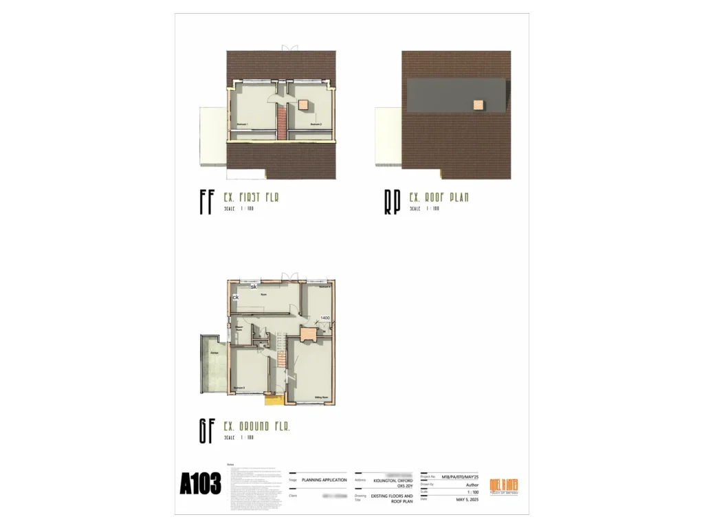 Existing floor and roof plans for a residential project in Kidlington, Oxfordshire