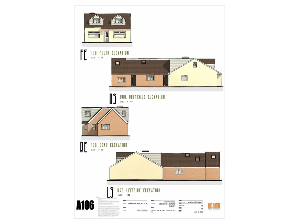 Proposed front, rear and side elevations illustrating the updated residential design.