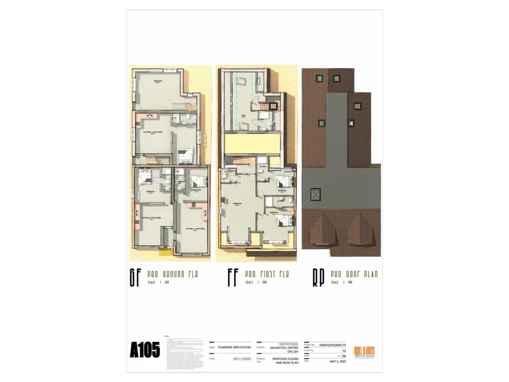 Proposed ground floor, first floor and roof layouts developed for the residential planning application.