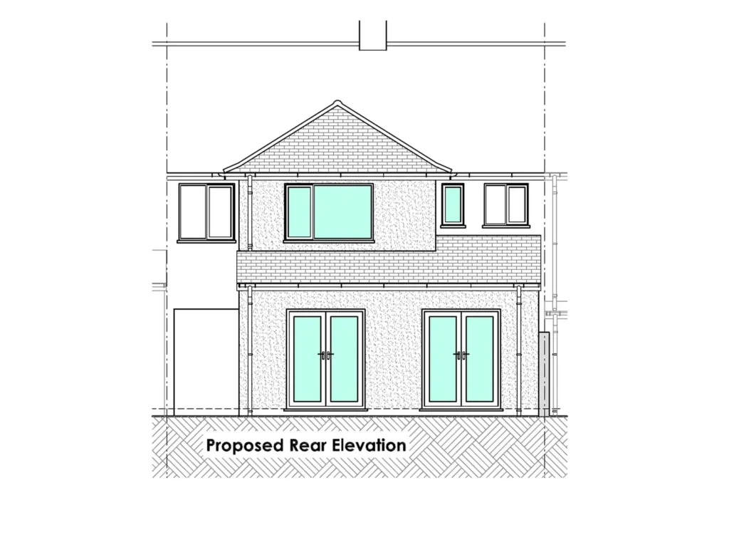 Proposed rear elevation showing the two-storey extension and its relationship with the existing property.